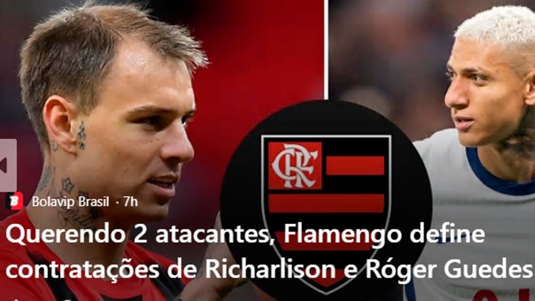 Querendo 2 atacantes, Flamengo define contratações de Richarlison e Róger Guedes como inviáveis